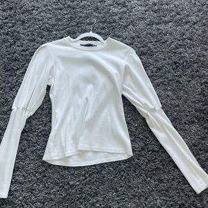 Veronica Beard Size S Lyon Puff Sleeve Ribbed Knit Top Pima Cotton Blend White